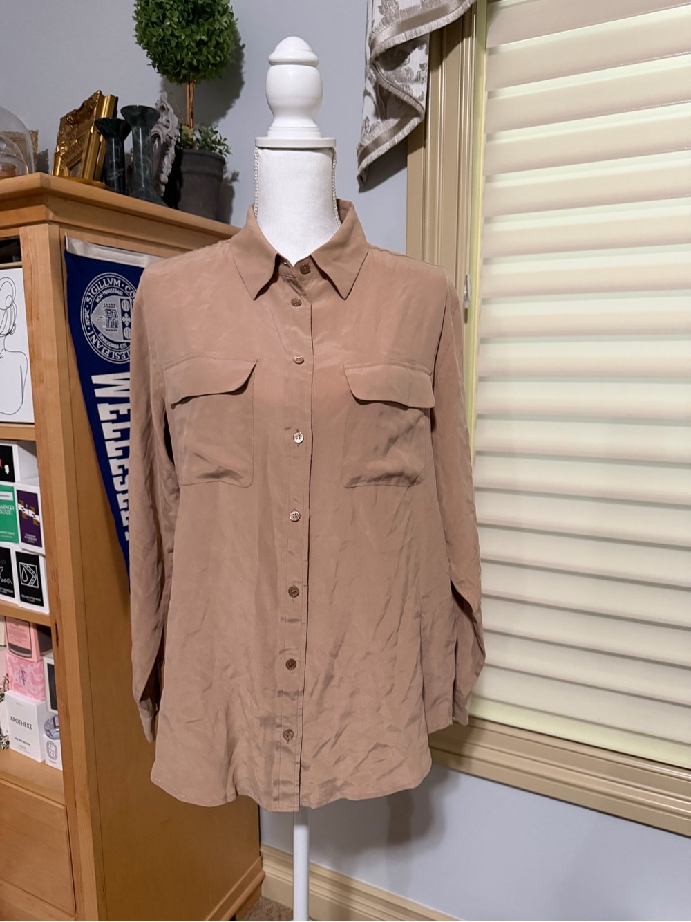 Equipment Tan Silk Long Sleeve Button Up Top S